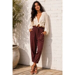 Free People Burgundy Cotton Margate Paperbag High Waisted Trouser XS